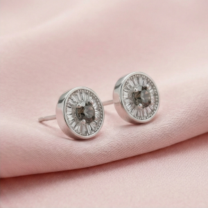 AGOR 925 Sterling Silver Round Halo Stud Earrings with Smoky Quartz Tone Stone Jewellery