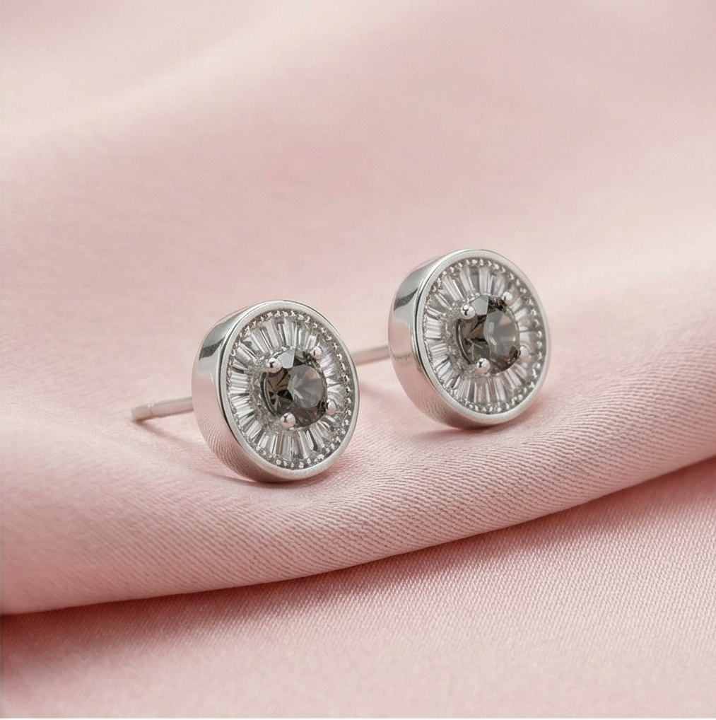 925 Sterling Silver Round Halo Stud Earrings with Smoky Quartz Tone Stone Jewellery