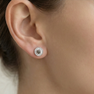AGOR 925 Sterling Silver Round Halo Stud Earrings with Smoky Quartz Tone Stone Jewellery
