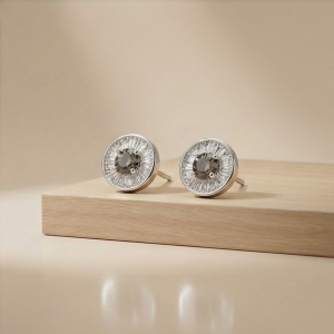 AGOR 925 Sterling Silver Round Halo Stud Earrings with Smoky Quartz Tone Stone Jewellery