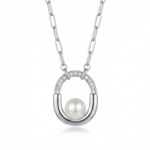 AGOR 925 Sterling Silver Geometric Oval Pearl Pendant Necklace with Link Chain Jewellery