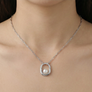 AGOR 925 Sterling Silver Geometric Oval Pearl Pendant Necklace with Link Chain Jewellery