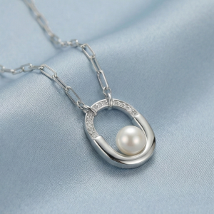 AGOR 925 Sterling Silver Geometric Oval Pearl Pendant Necklace with Link Chain Jewellery