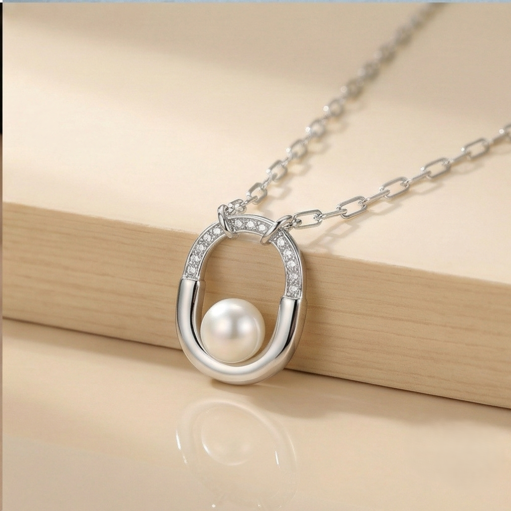 AGOR 925 Sterling Silver Geometric Oval Pearl Pendant Necklace with Link Chain Jewellery