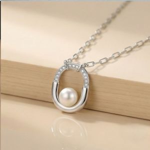 AGOR 925 Sterling Silver Geometric Oval Pearl Pendant Necklace with Link Chain Jewellery