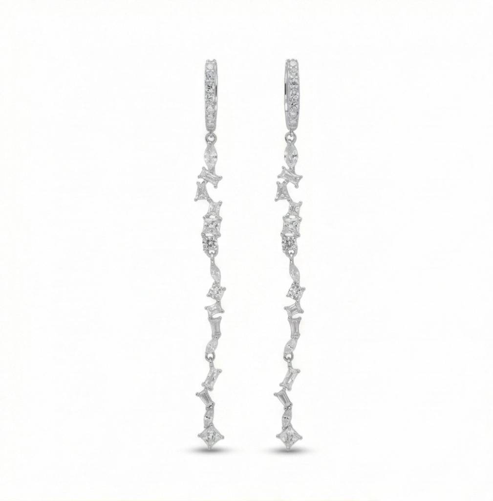 AGOR 925 Sterling Silver Linear Baguette Stone Drop Earrings Huggie Jewellery