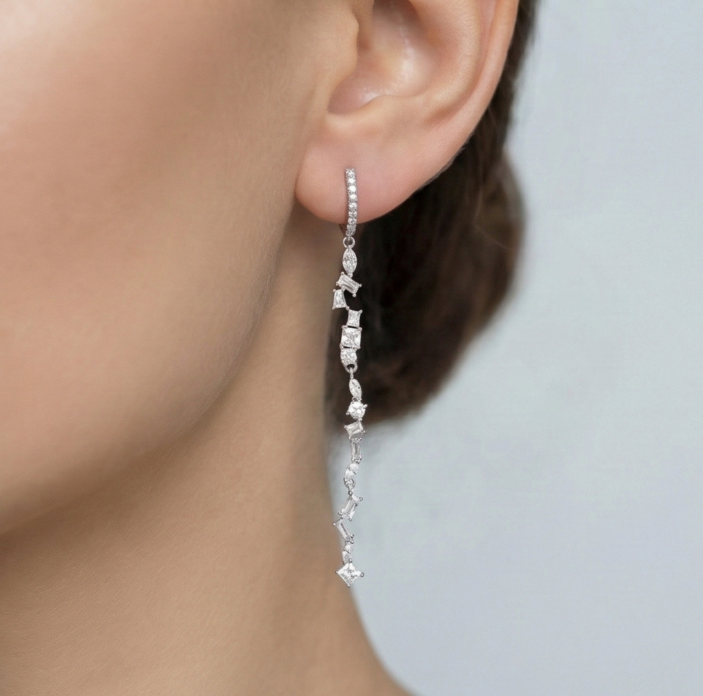 925 Sterling Silver Linear Baguette Stone Drop Earrings Huggie Jewellery