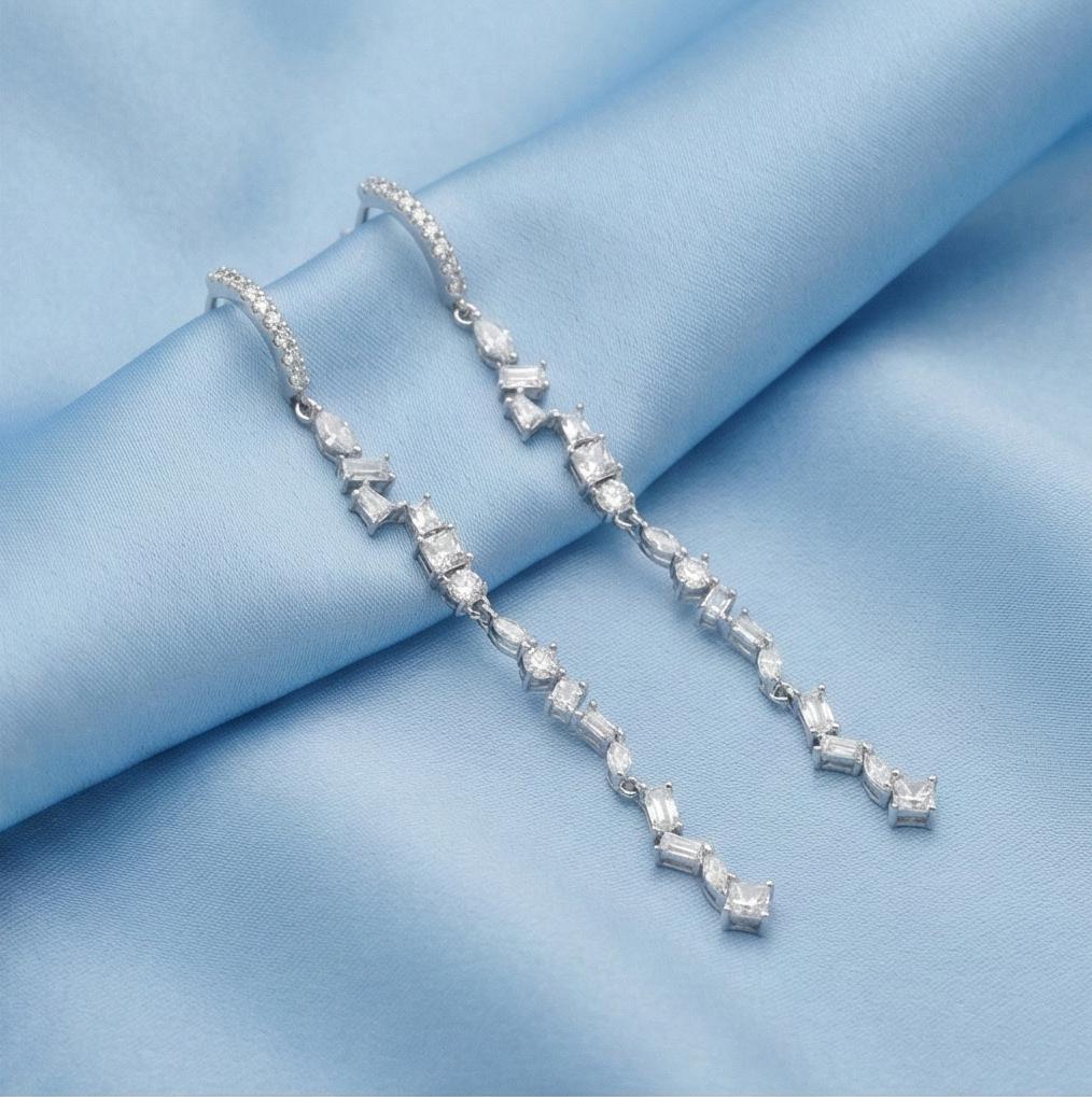 925 Sterling Silver Linear Baguette Stone Drop Earrings Huggie Jewellery