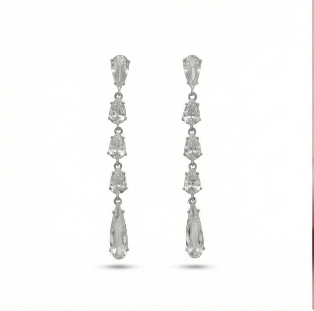 AGOR 925 Sterling Silver Long Linear Pear Dangle Earrings High Polish Rhodium Jewellery