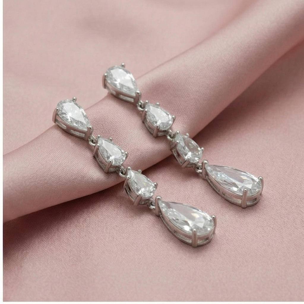 AGOR 925 Sterling Silver Long Linear Pear Dangle Earrings High Polish Rhodium Jewellery