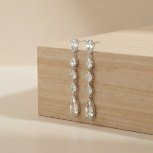 AGOR 925 Sterling Silver Long Linear Pear Dangle Earrings High Polish Rhodium Jewellery