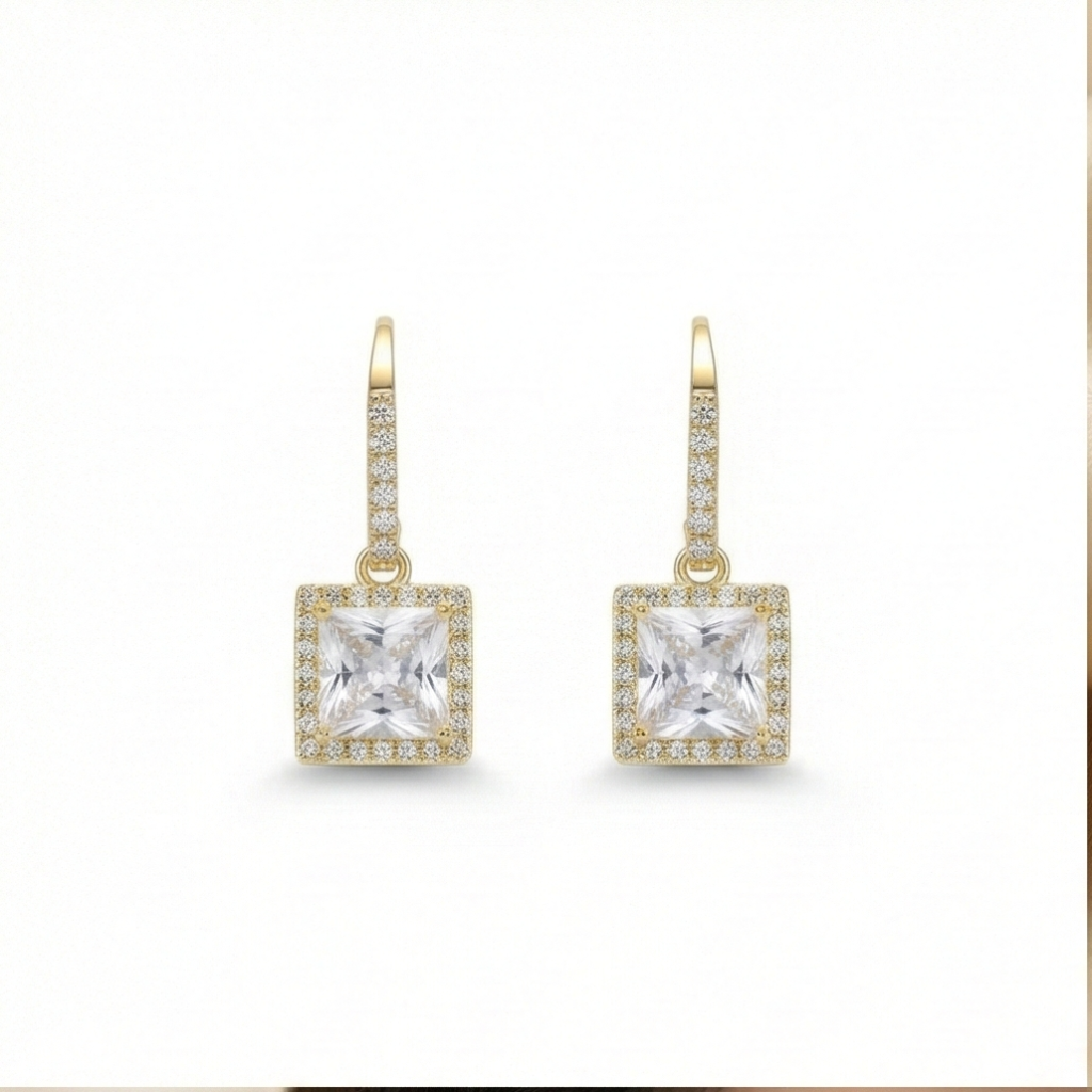 AGOR 925 Sterling Silver Square Solitaire Drop Earrings with Halo Hoop Yellow Gold Plated Jewellery