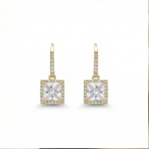AGOR 925 Sterling Silver Square Solitaire Drop Earrings with Halo Hoop Yellow Gold Plated Jewellery