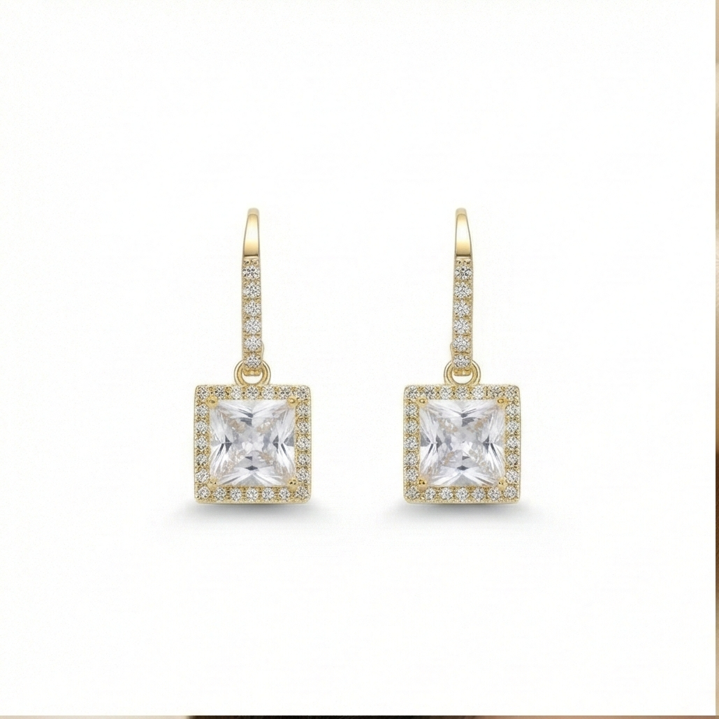 925 Sterling Silver Square Solitaire Drop Earrings with Halo Hoop Yellow Gold Plated Jewellery