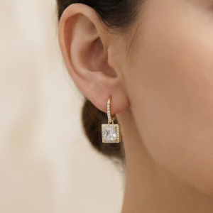 AGOR 925 Sterling Silver Square Solitaire Drop Earrings with Halo Hoop Yellow Gold Plated Jewellery