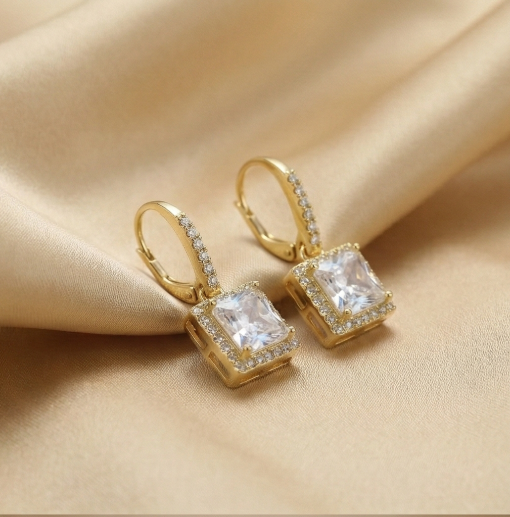 AGOR 925 Sterling Silver Square Solitaire Drop Earrings with Halo Hoop Yellow Gold Plated Jewellery