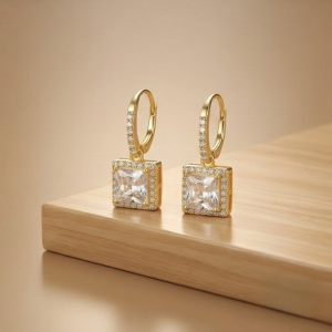 AGOR 925 Sterling Silver Square Solitaire Drop Earrings with Halo Hoop Yellow Gold Plated Jewellery