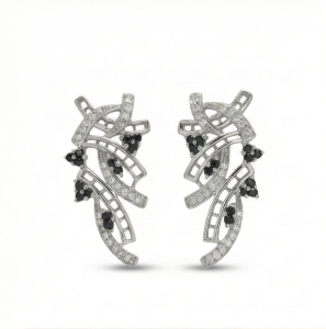 AGOR 925 Sterling Silver Abstract Wave Stud Earrings with Black and White Stones for Women Rhodium Plated Jewellery
