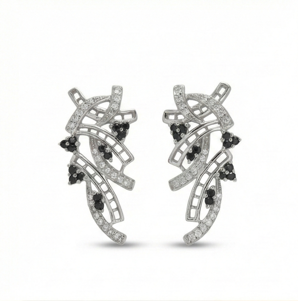 925 Sterling Silver Abstract Wave Stud Earrings with Black and White Stones for Women Rhodium Plated Jewellery
