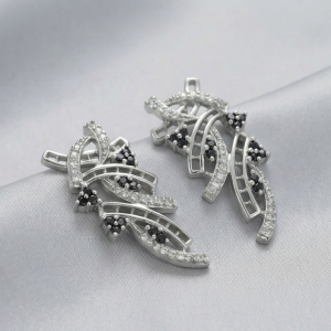 925 Sterling Silver Abstract Wave Stud Earrings with Black and White Stones for Women Rhodium Plated Jewellery