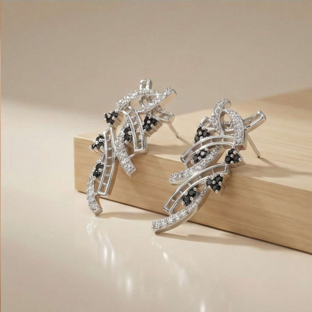 AGOR 925 Sterling Silver Abstract Wave Stud Earrings with Black and White Stones for Women Rhodium Plated Jewellery