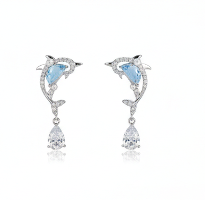 925 Sterling Silver Dolphin Dangle Earrings with Blue Stone and Pearl Accents Jewellery