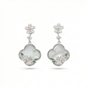 925 Sterling Silver Floral Mother of Pearl Drop Earrings with Enamel Accents Jewellery