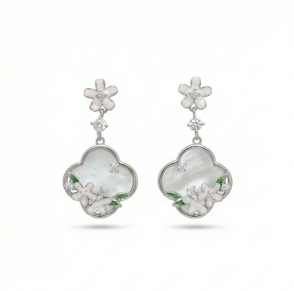 925 Sterling Silver Floral Mother of Pearl Drop Earrings with Enamel Accents Jewellery