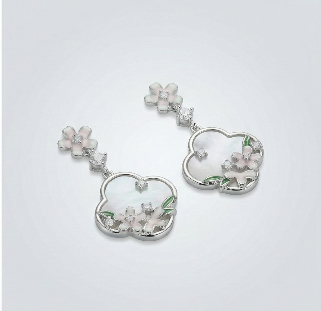AGOR 925 Sterling Silver Floral Mother of Pearl Drop Earrings with Enamel Accents Jewellery