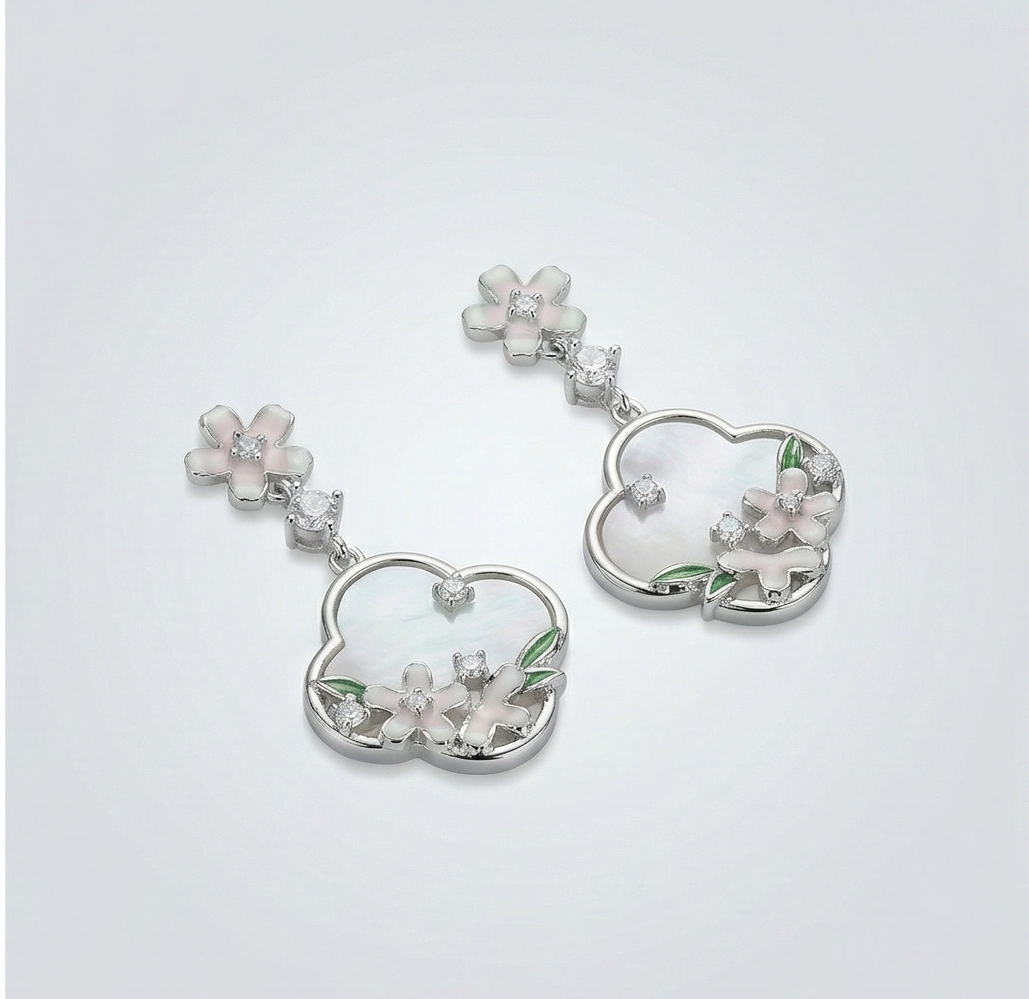 925 Sterling Silver Floral Mother of Pearl Drop Earrings with Enamel Accents Jewellery