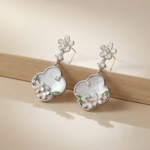 925 Sterling Silver Floral Mother of Pearl Drop Earrings with Enamel Accents Jewellery