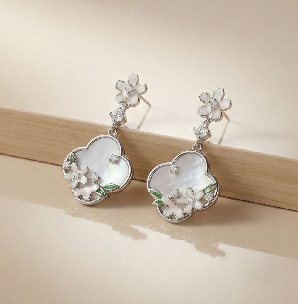 925 Sterling Silver Floral Mother of Pearl Drop Earrings with Enamel Accents Jewellery