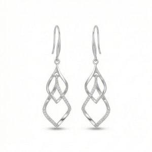 AGOR 925 Sterling Silver Geometric Twist Openwork Dangler Earrings High Polish Rhodium Jewellery