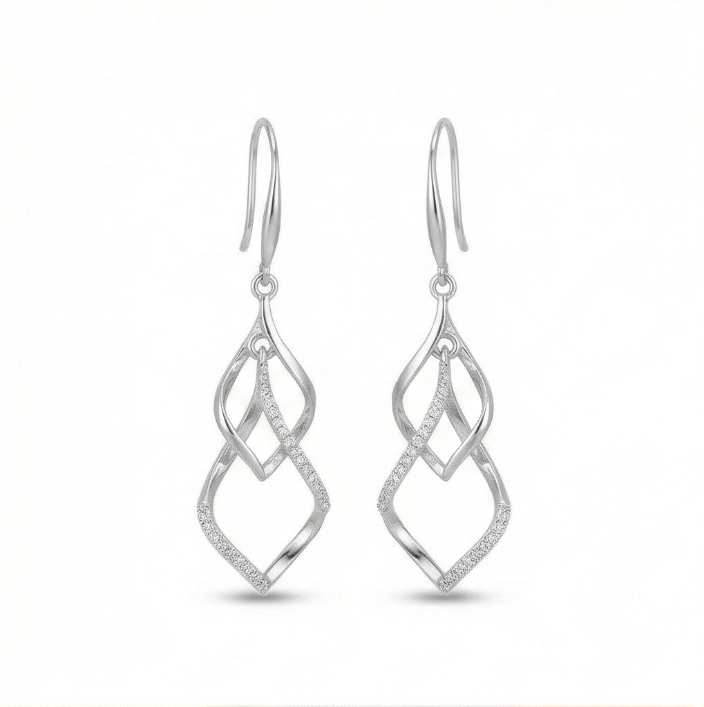 925 Sterling Silver Geometric Twist Openwork Dangler Earrings High Polish Rhodium Jewellery