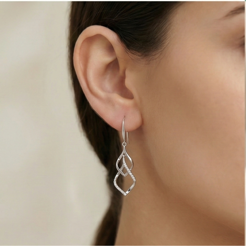 AGOR 925 Sterling Silver Geometric Twist Openwork Dangler Earrings High Polish Rhodium Jewellery