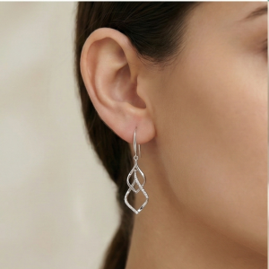 AGOR 925 Sterling Silver Geometric Twist Openwork Dangler Earrings High Polish Rhodium Jewellery