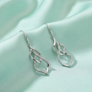AGOR 925 Sterling Silver Geometric Twist Openwork Dangler Earrings High Polish Rhodium Jewellery