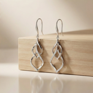 AGOR 925 Sterling Silver Geometric Twist Openwork Dangler Earrings High Polish Rhodium Jewellery