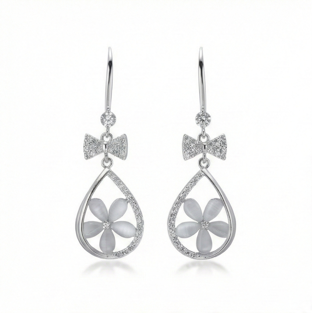AGOR 925 Sterling Silver Floral Teardrop Earrings with Bow Detail High Polish Rhodium Jewellery