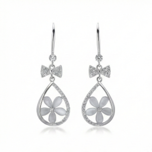 AGOR 925 Sterling Silver Floral Teardrop Earrings with Bow Detail High Polish Rhodium Jewellery