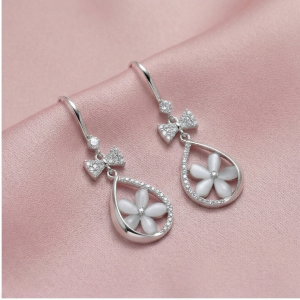AGOR 925 Sterling Silver Floral Teardrop Earrings with Bow Detail High Polish Rhodium Jewellery