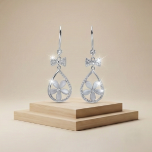AGOR 925 Sterling Silver Floral Teardrop Earrings with Bow Detail High Polish Rhodium Jewellery