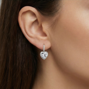 AGOR 925 Sterling Silver Heart Halo Drop Earrings High Polish Rhodium Jewellery