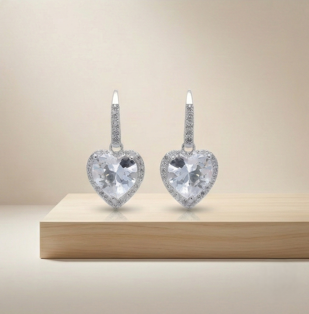 925 Sterling Silver Heart Halo Drop Earrings High Polish Rhodium Jewellery