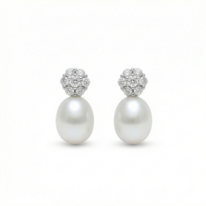 AGOR 925 Sterling Silver Floral Stud Pearl Drop Earrings Rhodium Plated Jewellery