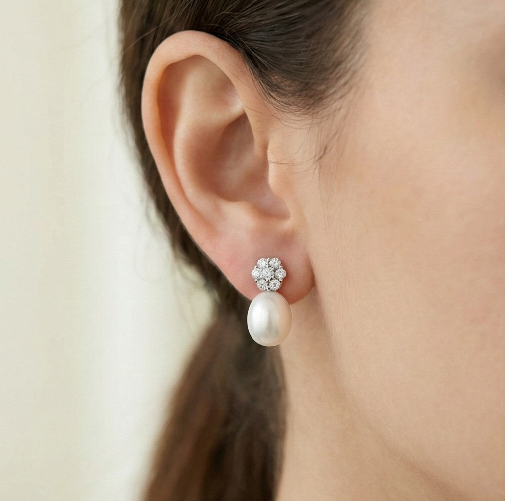 925 Sterling Silver Floral Stud Pearl Drop Earrings Rhodium Plated Jewellery