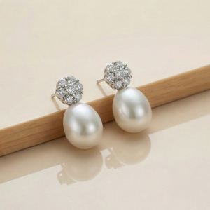 AGOR 925 Sterling Silver Floral Stud Pearl Drop Earrings Rhodium Plated Jewellery