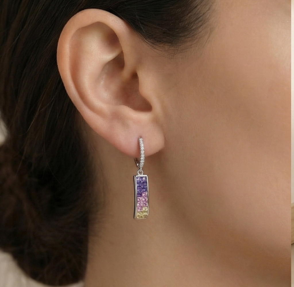 AGOR 925 Sterling Silver Multicolor Gradient Rectangular Bar Dangle Earrings Jewellery for Women