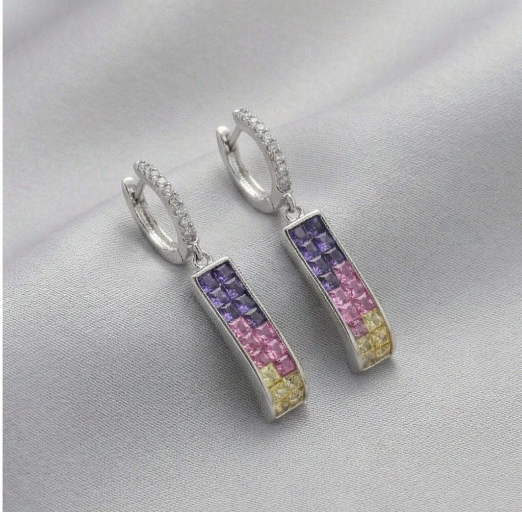AGOR 925 Sterling Silver Multicolor Gradient Rectangular Bar Dangle Earrings Jewellery for Women