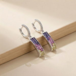 AGOR 925 Sterling Silver Multicolor Gradient Rectangular Bar Dangle Earrings Jewellery for Women